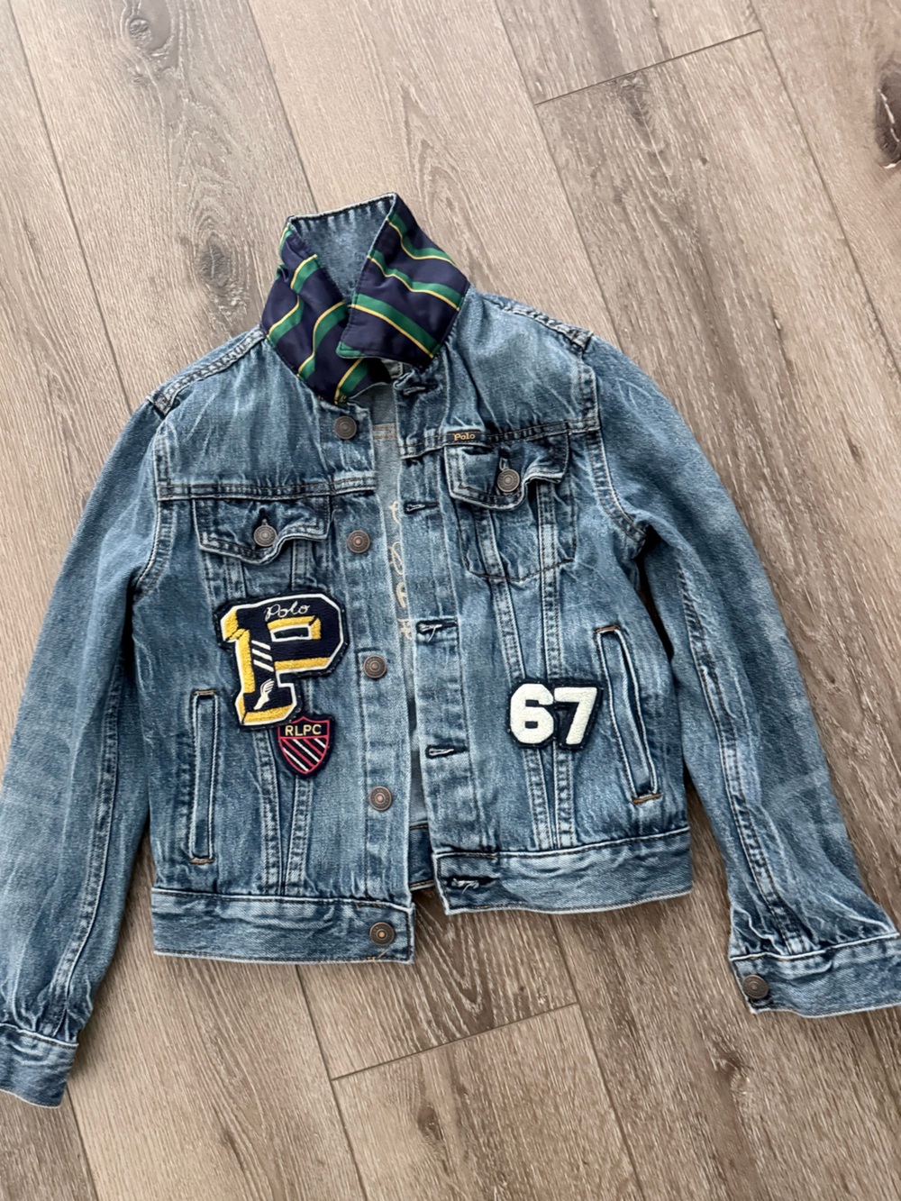 Girls lRalph Lauren(size8-10) Distressed Blue Denim Jacket with Varsity Patches